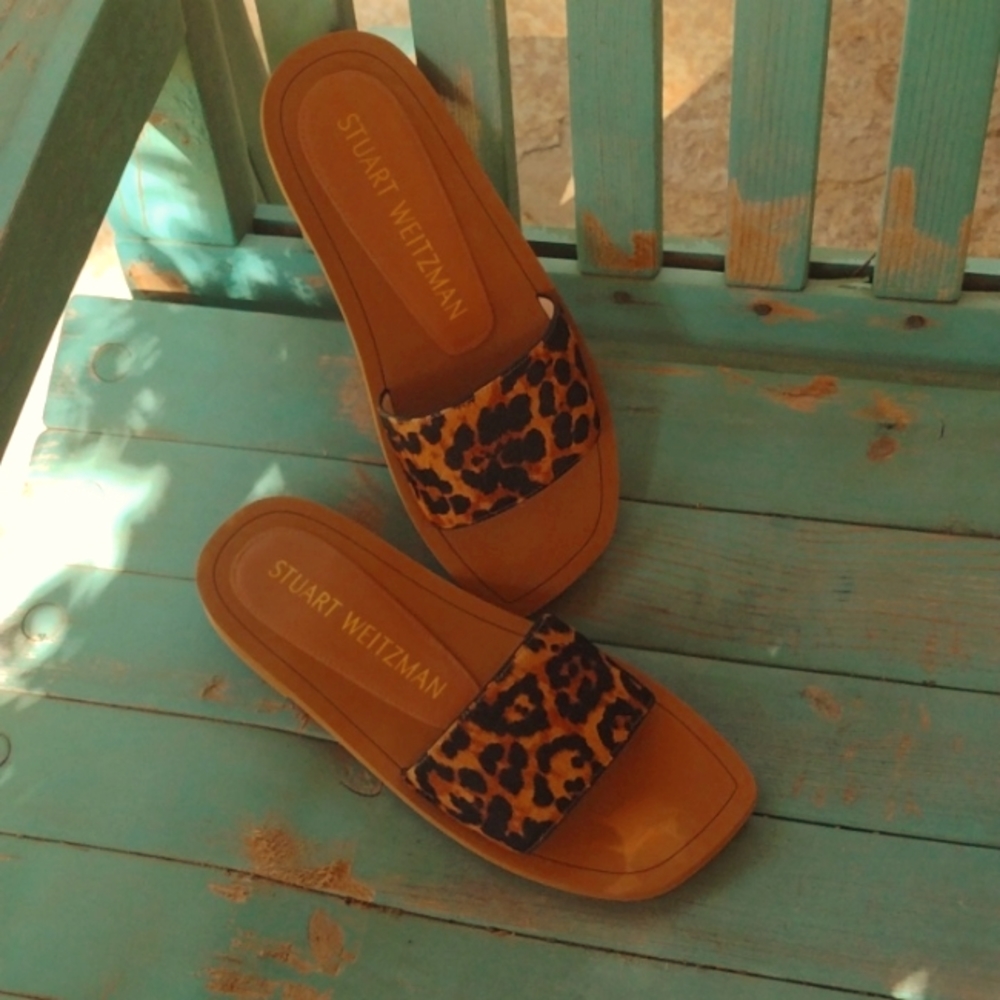 Stuart Weitzman leopard print calf hair sandals.